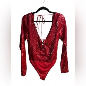 Nordstrom Red Sequin Long-Sleeve V-Back Bodysuit
